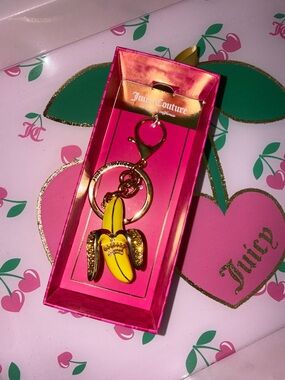Juicy Couture Pink Boxed Keychain with Yellow Banana Charm and Gold Hardware